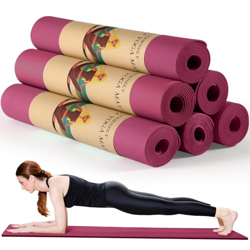 Timgle 6 Pack Yoga Mats Bulk 68x24 Inches Non Slip 4 mm Thick - color: Purplish Red