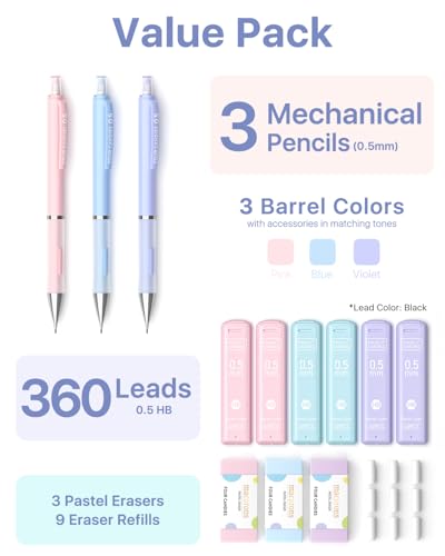Four Candies 0.5mm Pastel Mechanical Pencil Set with Case, 3-Pack | 360 Leads, 3 Erasers+9 Refills, Cute Pink/Purple/Blue Barrels, Non-Slip Grip, Fine Lines for Notes, Tests & Drawing - style: 0.5mm