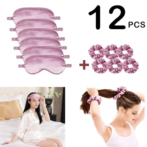 12Pcs Silk Sleep Masks Satin Eye Mask Silky Eyes Cover Blindfold Eyeshade Hair Ties Scrunchy Travel Bridesmaids Gifts - color: Mauve