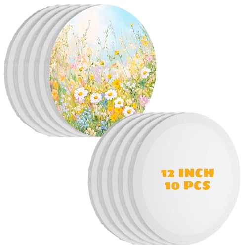 10 Pack Stretched Canvas for Painting, 12 Inch Round Canvas Panel, Circle White Art Canvas Panels, Cotton Primed Paint Blank Canvas for Oil, Acrylic, Gouache, Crafts