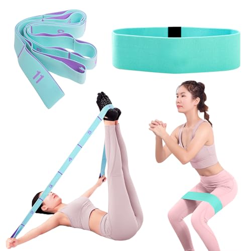 Glute Bands and 11-Loop Stretch Band Set, Fabric Booty Band for Glute Activation, Adjustable Stretching Strap for Yoga, Pilates, Dance, Ballet, Flexibility, Leg Workouts & Home Exercise - color: Blue+Green