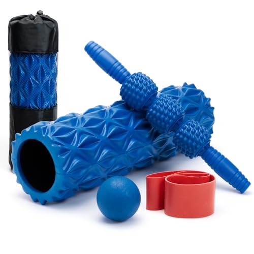 SUBCULTUREPICK 5 in 1 Foam Roller Set High Density Deep Tissue Massager | Trigger Point Massage Roller for Muscle Massage, Massage Ball, Resistance Band for Whole Body Physical Therapy Pure Blue - color: Pure Blue