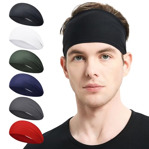 MARKEEP Running Headbands for Men (4 or 6 Pack), Mens Stretchy Headband for Football,Cycling,Basketball,Yoga,Fitness Workout Unisex Quick-Dry Sweatband - color: （6pack）Black,White,Green,Dark blue,Dark gray,Red, size: One Size
