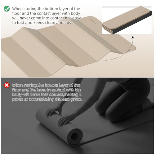 PAIDU Foldable Yoga Mat 10MM Thick 75‘’x40‘“ Quick Fold Easy Storage - color: Beige+Black