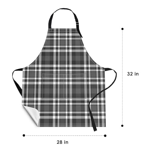 Apron with Pockets, 32x28 inch, 2 Pack, Plaid | Black Grey Grid Geometric Adjustable Bib with Pockets for Women Men Couple Lovers Chef Home Baking Gardening - color: Black Gray