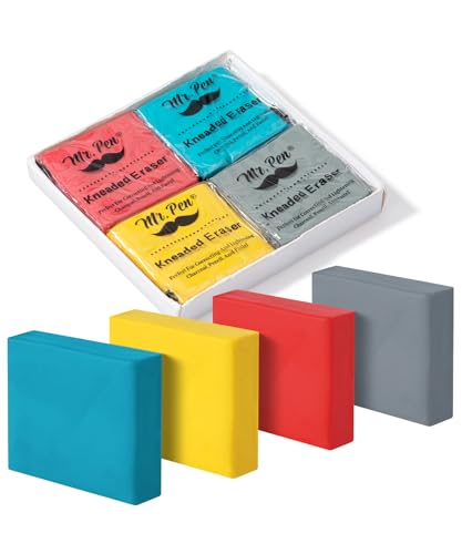 Mr. Pen- Kneaded Eraser, 4 Pack, Colorful, Kneaded Erasers for Artists | Art Eraser, Kneadable Erasers, Moldable Eraser, Art Erasers for Drawing, Artist Eraser, Drawing Erasers, Art Gum Eraser - color: Yellow, Blue, Red, Gray, size: 4 Pack