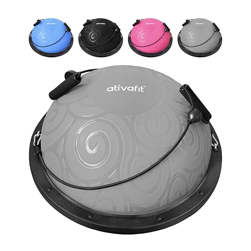 ATIVAFIT Balance Ball Trainer - Half Exercise Ball with Inflation Pump & Resistance Bands - Anti-Burst PVC Stability Trainer for Home Gym, Yoga, Core Training - 660 lbs Capacity - color: Grey