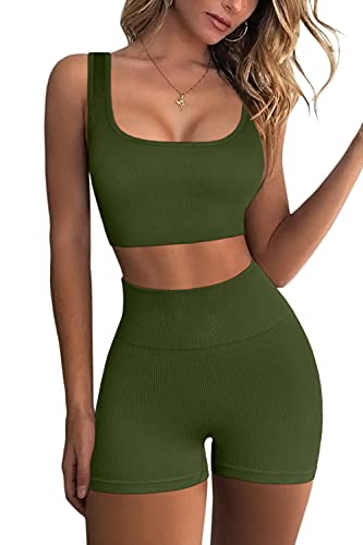 QINSEN Workout Sets for Women 2 Piece Seamless Ribbed Crop Tank High Waist Shorts Yoga Outfits - color: Army Green, size: Small