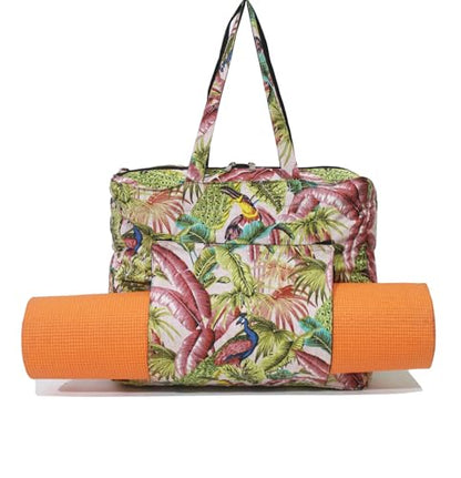 INDIAN CRAFT CASTLE Tote Bag with Yoga Mat Carrier Pocket Carryall Shoulder Bag for Office, Workout, Pilates, Travel, Beach and Gym - color: Pink & Green