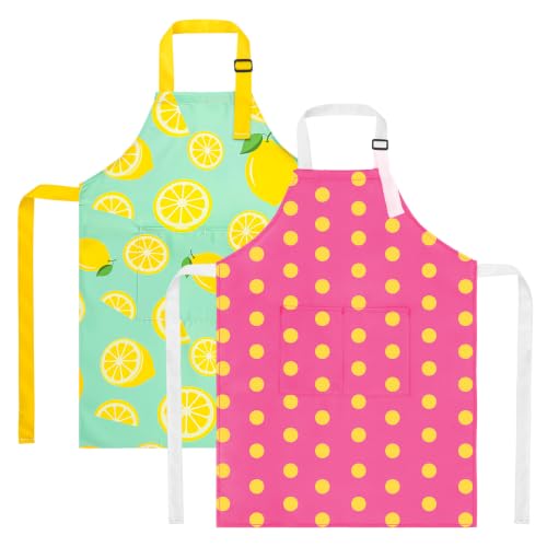2 Pack Kids Apron, Cute Cooking Aprons, Waterproof Art Apron with Pockets, Toddler Painting Artist Apron Adjustable - color: Lemon and Pink Polka Dots, size: 45*62cm