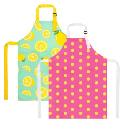 2 Pack Kids Apron, Cute Cooking Aprons, Waterproof Art Apron with Pockets, Toddler Painting Artist Apron Adjustable - color: Lemon and Pink Polka Dots, size: 45*62cm