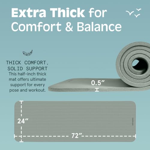 Retrospec Solana Yoga Mat Thick 1/2in Non-Slip Workout Mat with Nylon Strap - 72x24in Exercise Mat for Pilates, Stretching & Fitness - BPA Free, Easy Clean - color: Sage