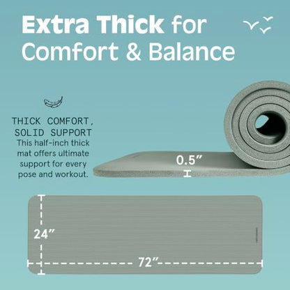 Retrospec Solana Yoga Mat Thick 1/2in Non-Slip Workout Mat with Nylon Strap - 72x24in Exercise Mat for Pilates, Stretching & Fitness - BPA Free, Easy Clean - color: Sage
