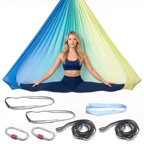 Blue-Green Gradient & Dark Green Aerial Yoga Hammock (400x180 cm / 157"x71"), Soft Silk Swing for Anti-Gravity Yoga, Inversion Therapy, Ideal for Strength, Flexibility Training and Stress Relief - color: Blue-green Gradient