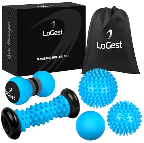 Logest Foot Massage Rollers and Balls for Trigger Point Therapy, Injury Rehabilitation & Deep Tissue Massage - 5-Piece Set – Massage Roller, Lacrosse Ball, Peanut Roller, Two Spike Balls