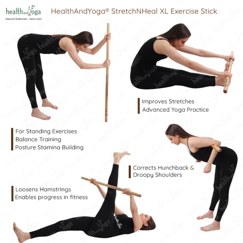 HealthAndYoga™ StretchNHeal Collapsible Multi-Use Wooden Yoga Stick - Regular and XL - Portable Posture Corrector Pole, Stretch Mobility Stick, Physical Workout Exercise Dowel - size: XL - 48" without Sleeve