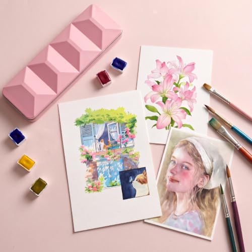 rubens Professional Watercolor Paint Set 24 Colors, High Pigment Solid Half Pans in Chic Pink Diamond-Pattern Metal Case with Ring, Aesthetic Art Gift for Beginners, Artists & Designers - color: Pink