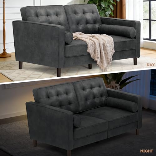 67" Suede Leather Loveseat Sofa with 2 Soft Pillows, Grey - color: Grey, size: 67" Loveseat