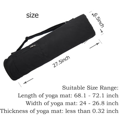 Cotton yoga mat bag with Pockets and Adjustable Strap - Full Zip Cargo Yoga Mat Carrier Bag - Bag for 1/4" 1/3" Thick Yoga Mat - color: Black, size: L