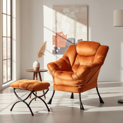Tiita Lazy Chair with Ottoman, Comfy Reading Accent Chair, Velvet Orange - color: Orange