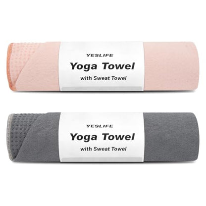 YESLIFE 2-Pack Non-Slip Extra Thick Hot Yoga Towel with Sweat Towel, Microfiber Sweat Absorbent Yoga Mat Towel with Grip Dot, Pilates Mat, 72" x 24", Pink&Grey - color: Pink&grey