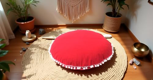 Round Mandala Floor Pillow Cover Seating Cushion Throw Cover Hippie Decorative Bohemian Ottoman Pouf Cover, Pom Pom Pillow Cases, Boho Indian (Red, 22" Round) - color: Red, size: 22"D x 4"W x 22"H