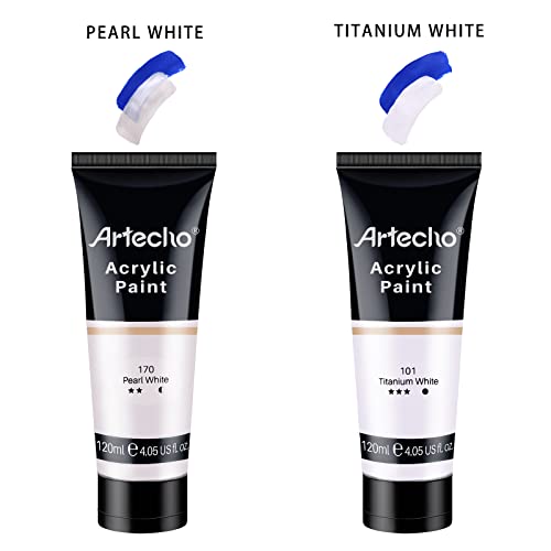 Artecho White Acrylic Paint, Titanium White Paint (120ml / 4.05oz) Tubes, Art Craft Paints for Canvas Painting, Rock, Stone, Wood, Fabric, Art Supplies | Semi Glossy Finish, High Pigment Rich Color Craft Paint for Canvas, Rocks, Wood, Fabric, Ceramic, Non