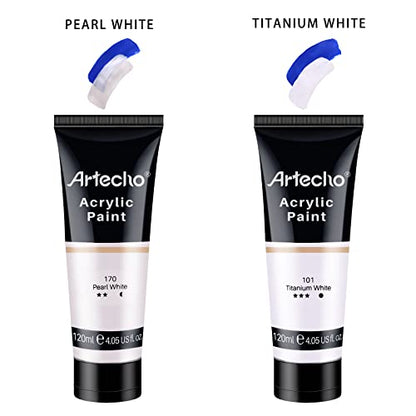 Artecho White Acrylic Paint, Titanium White Paint (120ml / 4.05oz) Tubes, Art Craft Paints for Canvas Painting, Rock, Stone, Wood, Fabric, Art Supplies | Semi Glossy Finish, High Pigment Rich Color Craft Paint for Canvas, Rocks, Wood, Fabric, Ceramic, Non