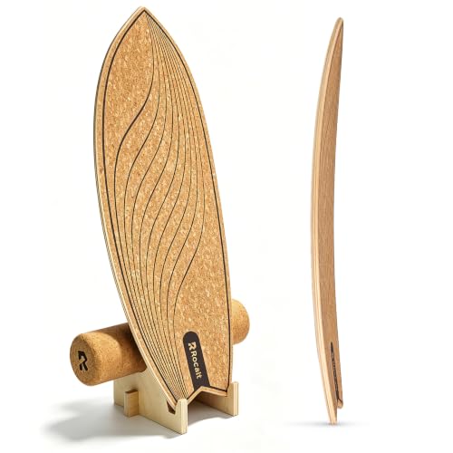 Rocalt Balance Board with Roller and Stand, Indoor Surf Trainer | Cork surface for barefoot comfort, indoor fun workout equipment, surf, skate and snow training, designed for advanced riders
