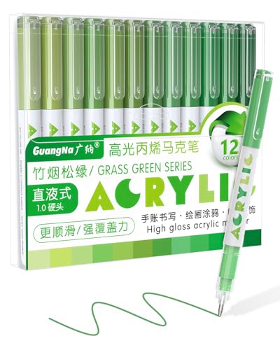 Guangna Acrylic Gel Pens 12 Color, Colored Pens for Journaling, Coloring Books, Calligraphy, Note Taking & DIY Crafts, RollerBall Pen Tip (Green) - color: Green