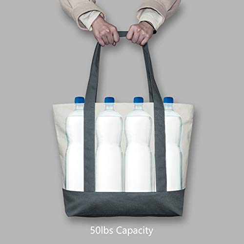 TOPDesign 1-Pack Canvas Tote Bag with an External Pocket, Reusable Grocery Shopping Bag, Top Zipper Closure, Daily Essentials (Grey/Natural) - color: Grey/Natural