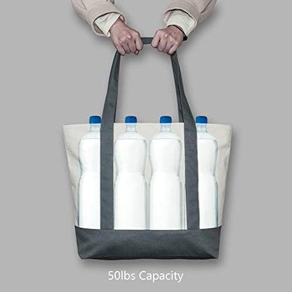 TOPDesign 1-Pack Canvas Tote Bag with an External Pocket, Reusable Grocery Shopping Bag, Top Zipper Closure, Daily Essentials (Grey/Natural) - color: Grey/Natural