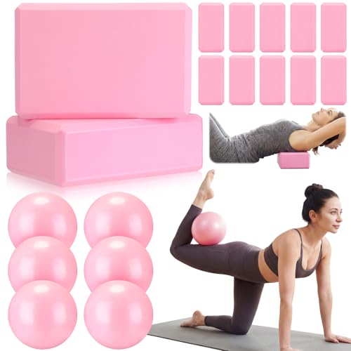 18 Pieces Yoga Block and Pilates Ball Set, 12 Foam Non-slip Yoga Bricks with 6 Small Exercise Balls for Pilates, Stretching & Home Workout