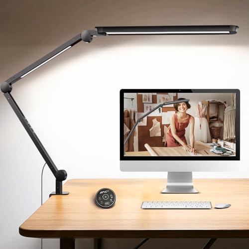 LED Desk Lamp with Clamp, Architect Desk Lamp with Remote, Flexible Swing Arm Desk Light with Dual LED Light, Stepless Dimming, 5 Color Mode & 4 Brightness for Sewing Painting Drafting Crafting - color: Dual Light