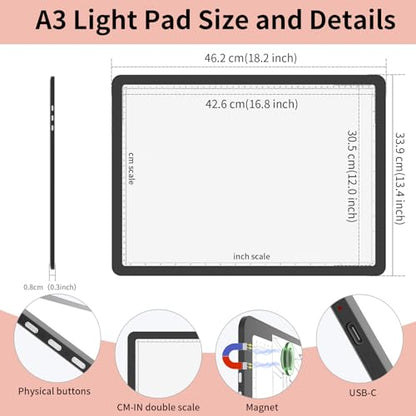 YINGWOND Rechargeable A3 Light Pad for Diamond Painting with 4000mAh Battery,Side Physical Buttons,Diamond Art Light Board,Magnetic Light Pad 13.4x18.2,LED Light Box for Tracing,Drawing,Weeding Vinyl - style: Rechargeable A3 Black