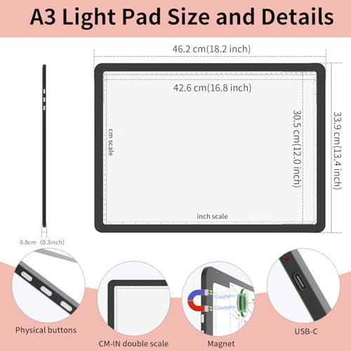 YINGWOND A3 Rechargeable Light Pad with Carry Bag,Diamond Art Light Board Built-in 4000mAh,Side Physical Buttons, Adjustable Brightness Wireless Light Box for Tracing Diamond Painting Artists - style: Rechargeable A3 Black with Bag
