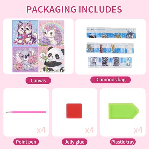PERFECTSIGHT Cute 5D Diamond Art Kits, Kawaii DIY Painting Art for Adults Teen, 4 Pack Diamond Arts and Crafts Sets, Big Gem Full Drill Diamond Dots for Women (Koala+Panda+Husky+Hedgehog) - style: Koala+Panda+Husky+Hedgehog