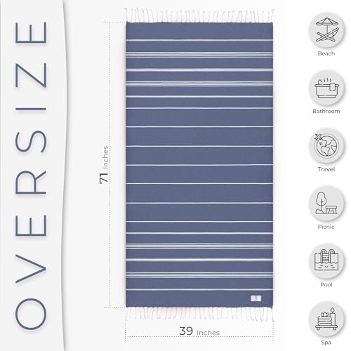 Ossano Turkish Beach Towel Compact & Fast Dry Oversized (39" x 71") - Striped, Versatile and Functional as Picnic and Yoga Blanket, Pool, Shower and Travel Towel - Denim Blue - color: Denim Blue