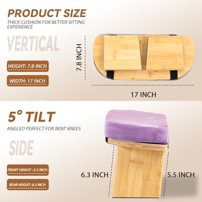 Bamboo Meditation Bench, Foldable Prayer Stool (Purple) | Meditation Kneeling Bench, Seiza Prayer Bench, Prayer Bench with Meditation Cushion, Kneeling Prayer Stool for Home - color: Purple