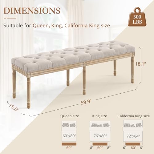 LUE BONA 60" Fabric End of Bed Bench, Upholstered Tufted French Bedroom Bench with Carved Legs for Bedroom End of King Size Bed, Living Room, Linen - color: Linen and Wood, size: 60''