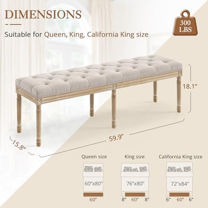 LUE BONA 60" Fabric End of Bed Bench, Upholstered Tufted French Bedroom Bench with Carved Legs for Bedroom End of King Size Bed, Living Room, Linen - color: Linen and Wood, size: 60''