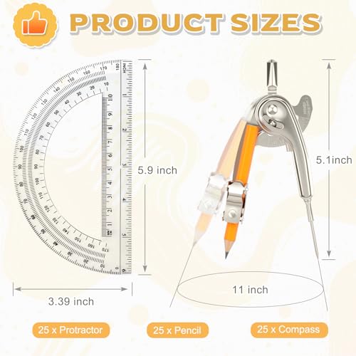 50 Pack Geometry Tool Set, Math Compass for Geometry and 6 Inch Protractor Set Include Metal Compass with Pencil and Clear Plastic Protractor for Student Classroom Office Woodworking Art Drawing - style: 50 Pack