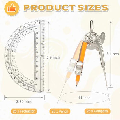 50 Pack Geometry Tool Set, Math Compass for Geometry and 6 Inch Protractor Set Include Metal Compass with Pencil and Clear Plastic Protractor for Student Classroom Office Woodworking Art Drawing - style: 50 Pack