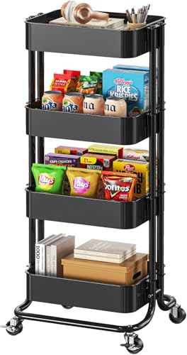 Pipishell 4 Tier Metal Rolling Utility Cart with 2 Lockable Wheels, Black | 360° Rotating Wheel, Heavy-Duty Steel, Sturdy Dual Columns, Ventilated Mesh, Hold 22 lbs per Shelf, for Kitchen & Dining Room - color: Black, size: 4 Tier
