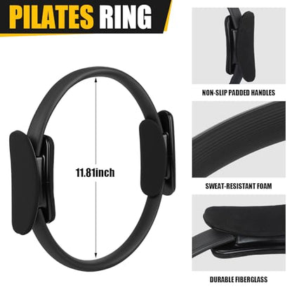Silipull 18 Pcs Pilates Ring and Ball Set Pilates Equipment for Home Workout 11.8 Inch Magic Circle Rings with Padded Handles, Small Yoga Balls for Strength, Fitness, Toning and Flexibility, Black