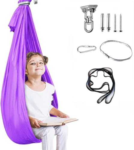 Aokitec Sensory Swing for Kids & Adult, Indoor Outdoor Cuddle Hammock Chair | Therapy swing, Special Needs, Autism, ADHD, Adjustable, Soft Nylon 300LB Capacity, 360 Swivel Hanger, All Hardware Included - color: Purple