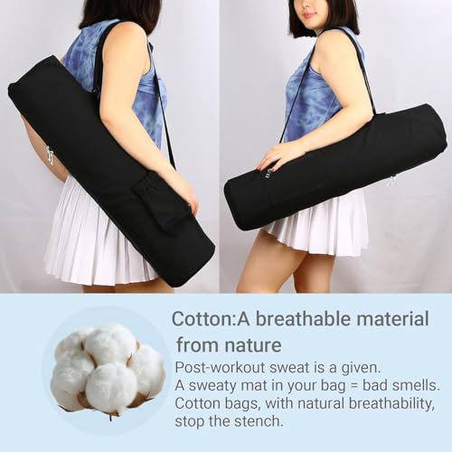 Cotton yoga mat bag with Pockets and Adjustable Strap - Full Zip Cargo Yoga Mat Carrier Bag - Bag for 1/4" 1/3" Thick Yoga Mat - color: Black, size: XL