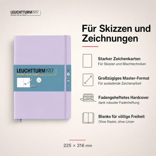 Leuchtturm1917 - Master A4 Hardcover Sketchbook (Lilac) - 112 Pages of 150g/m² Paper | 112 pages, thread binding, acid-free, folding case, lilac, drawing card, developed in Germany - color: Lilac, size: Master (A4+)