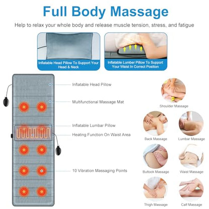 Full Body Electric Massage Mat with Heat, Vibration Back Massage Pad Cushion with Inflatable Head Pillow and Lumbar Pillow, 10 Vibration Motors 3 Timers - size: 64.17x18.9x0.98in