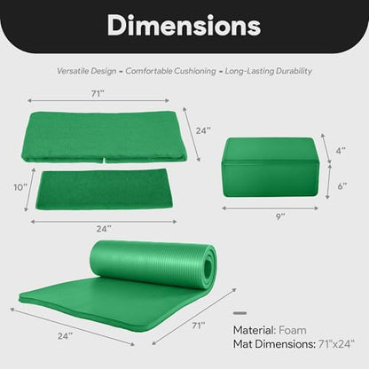 BalanceFrom 7-Piece Yoga Set with 71x24x1 Inches Extra Thick Mat and Carrying Sling – Includes 2 Blocks, Stretch Strap, 2 Towels, and Knee Pad for Home, Studio, and Gym Workouts - color: Green